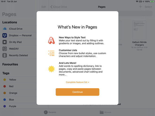 The changes splash screen for Pages on iOS