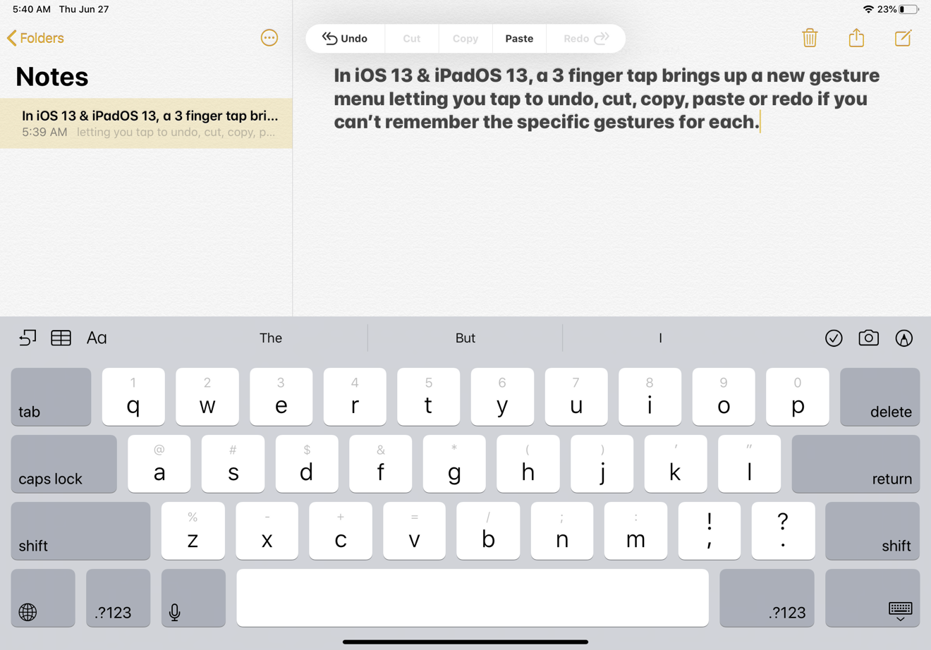 iPad OS presents a button bar on a three finger tap