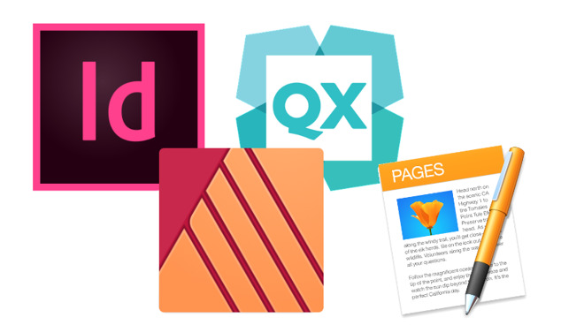 Icons for page design apps. Clockwise from top left: Adobe InDesign, QuarkXPress, Apple Pages and Affinity Publisher