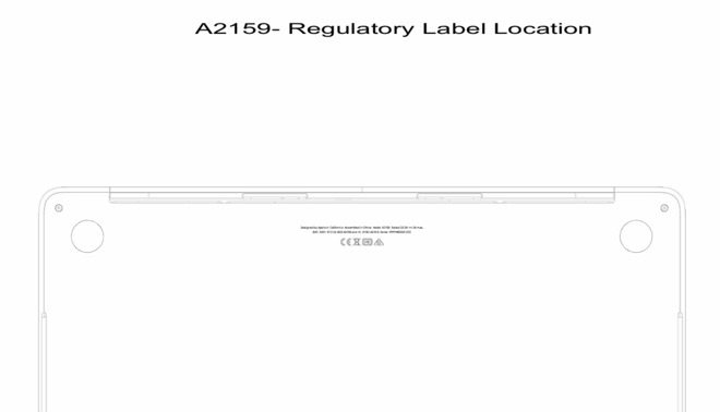 A document showing where the regulatory information on the A2159 MacBook Pro would be located