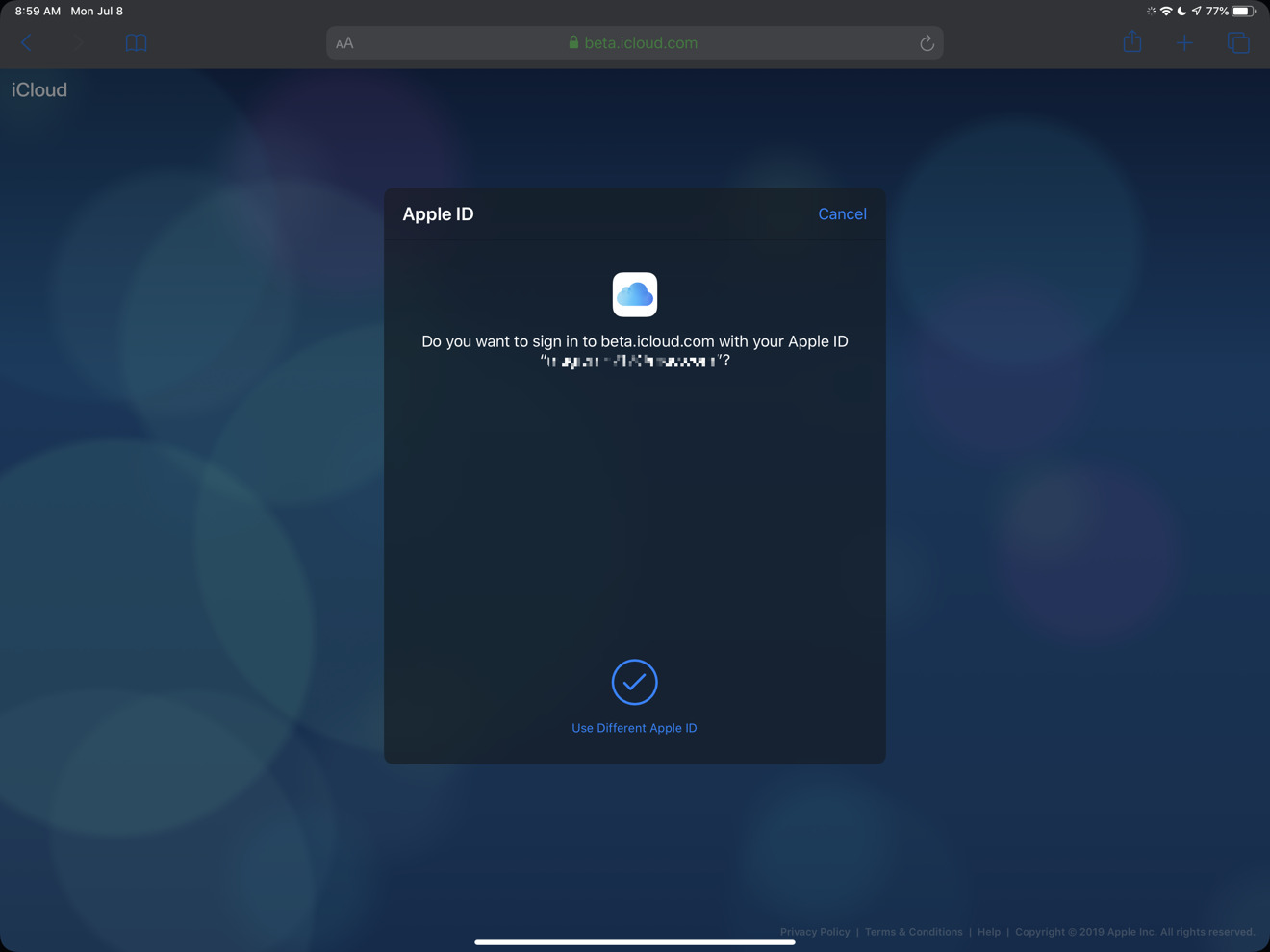 The sign-in screen of the iCloud beta page from within iPadOS
