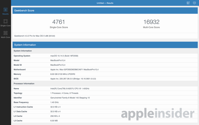 Geekbench score for 2019 13-inch MacBook Pro