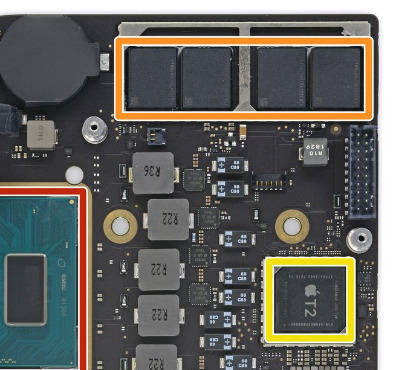 Top right, ringed in gold, that's the 128GB SSD in a 2018 Mac mini (Source: iFixit)