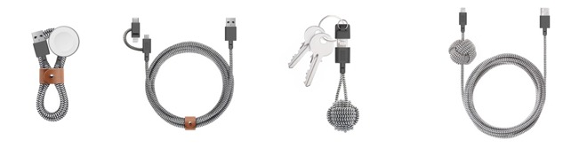 Native Union cables. From left to right: Belt Watch, Belt Cable Universal, Key Cable, & Night Cable