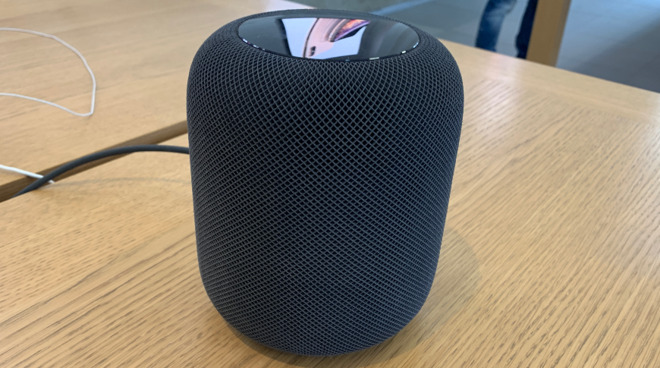 A HomePod on show in an Apple Store