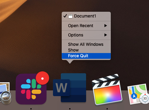 Right click on the Dock icon and then with the menu option, tap the Option key to get Force Quit
