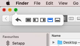 Hover over the green button and Moom pops up a menu offering to move the window to the sides.