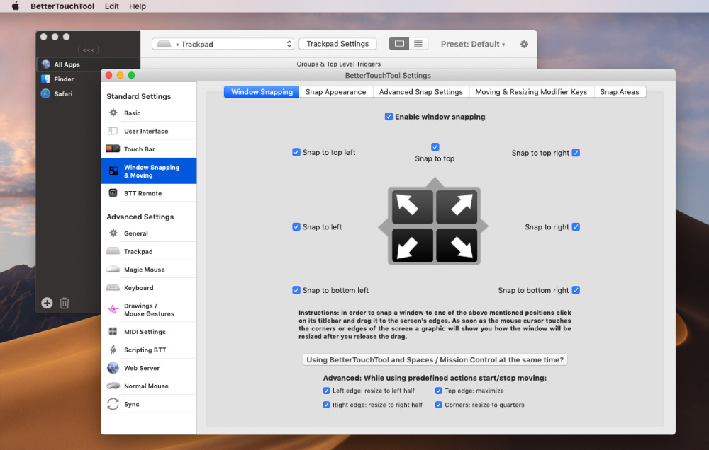 BetterTouchTool has radically increased its window management features