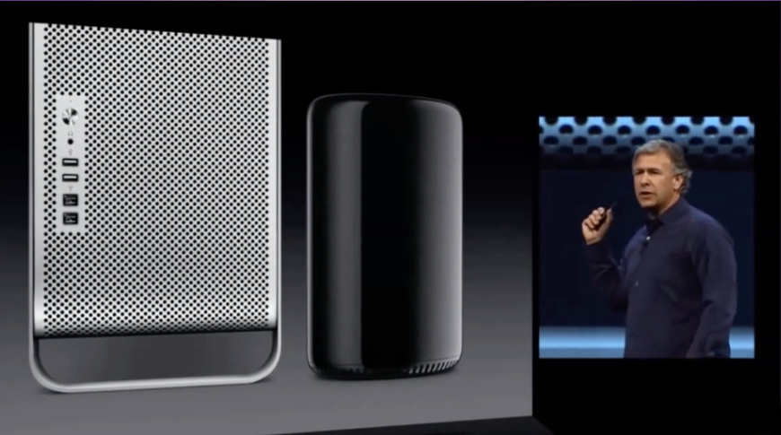 Phil Schiller reveals the size of the 2013 Mac Pro compared to the previous model.