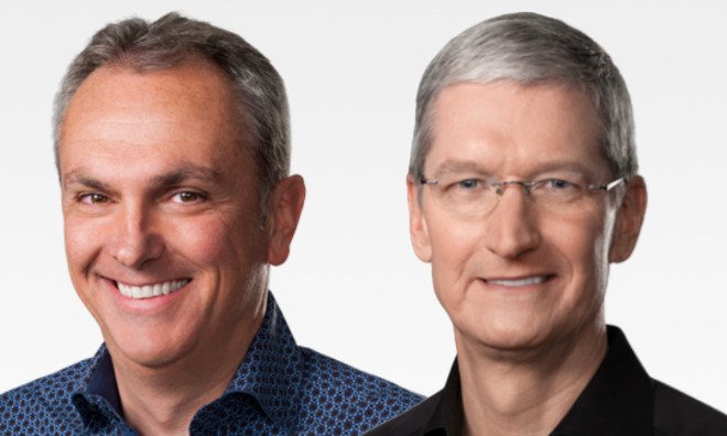 Crying all the way to the bank. Left: Apple CFO Luca Maestri, Right: CEO Tim Cook