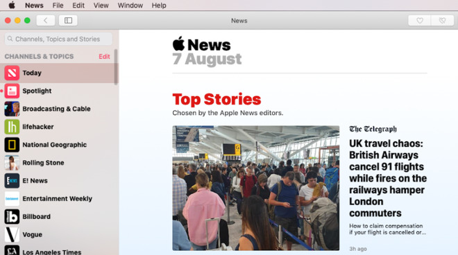 Apple News as seen in the UK where Apple News+ has yet to launch