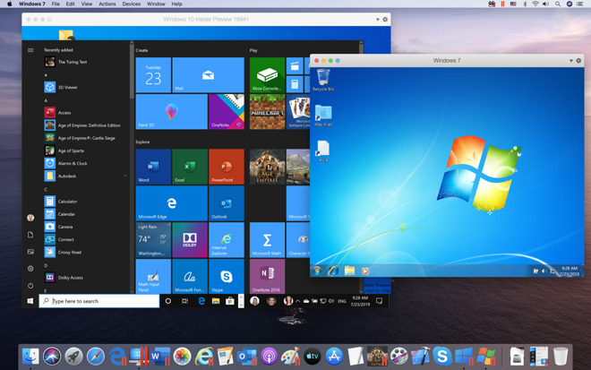Parallels showing Windows 7 and 8