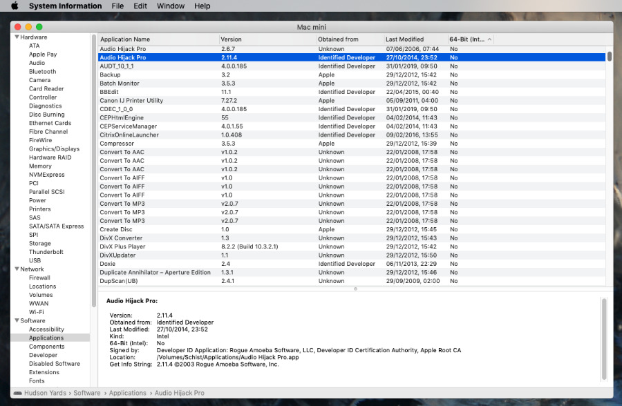 Every app on every connected drive your Mac has. Look for the last column, 64-bit (Intel).