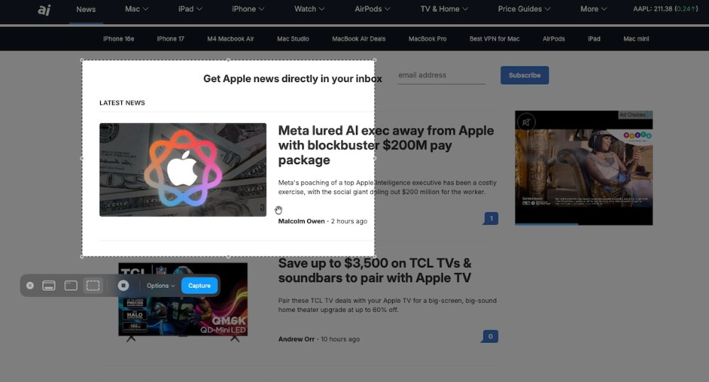 Web s titulkem článku o meta pytláctví AI Executive z Apple, představující barevné logo Apple na pozadí dolarového účtu.