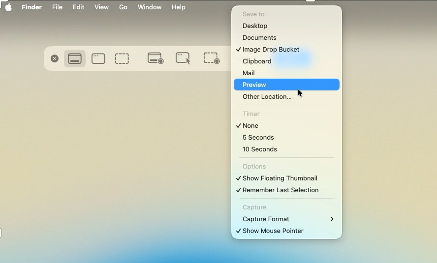 Screenshot rozhraní Mac s rozbalovací nabídkou nabízející různé možnosti uložení a nastavení konfigurace pro pořizování snímků obrazovky.