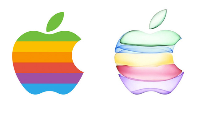 Apple's historic rainbow logo (left) next to the September event invitation image (right)