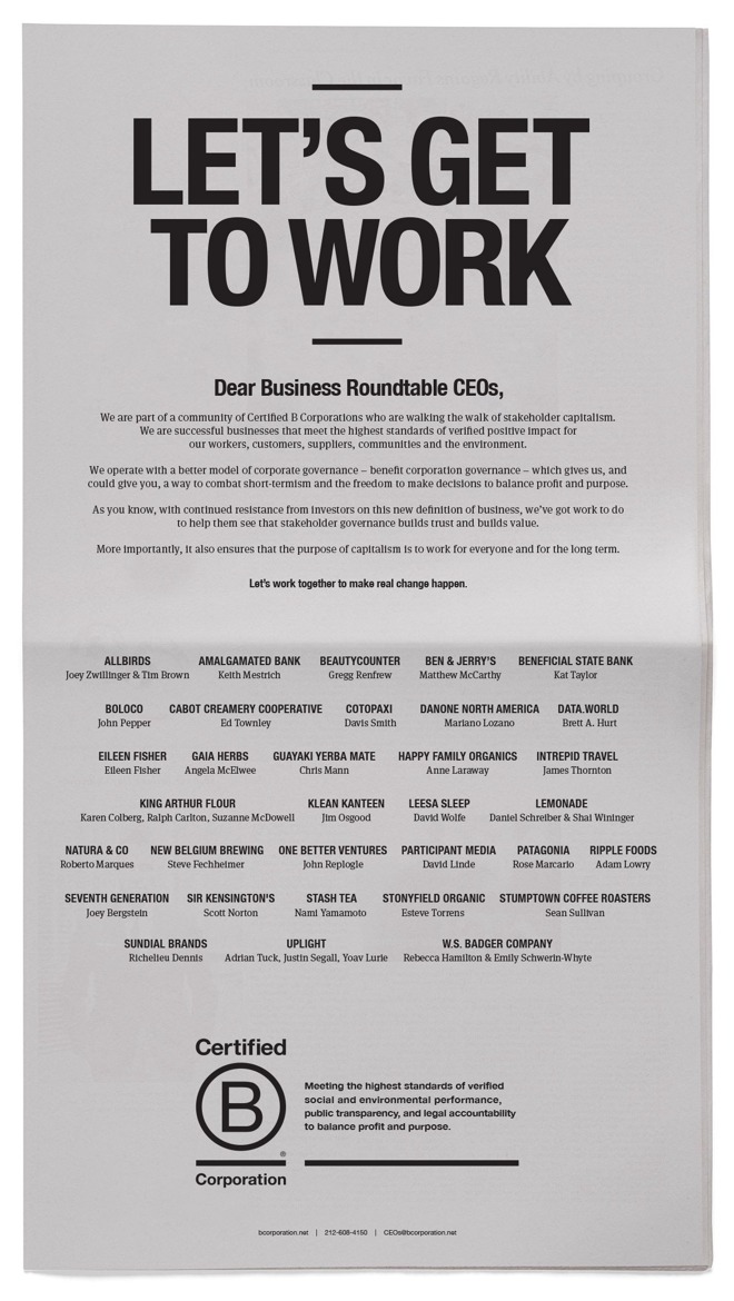 The full-page ad letter from B Corp chiefs to Business Roundtable CEOs.