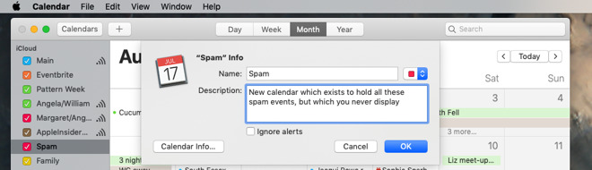 You can create a new calendar and move all spam into it. Then either don't display that calendar, or delete it entirely -- along with those events