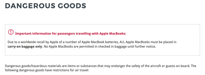 The warning on Virgin Australia's 'Dangerous Goods' baggage page