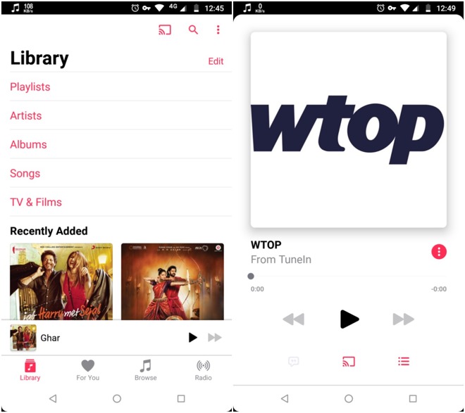 Streaming and radio stations in Google's Android, screenshots from Android Police