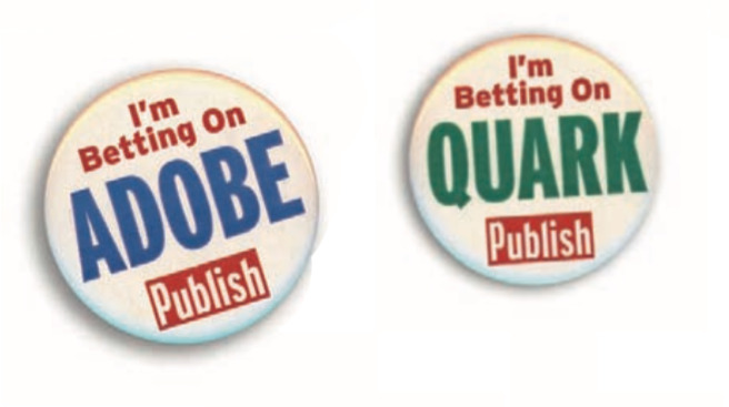 Visitors to the 1998 Seybold Conference had these badges. (Source: Pamela Pfiffner's book The Adobe Story)