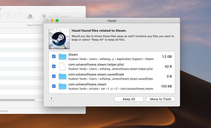 If you have Hazel on your Mac, it will offer to delete Steam's supporting files. But you need the ones to do with your installed games, so click Keep All.