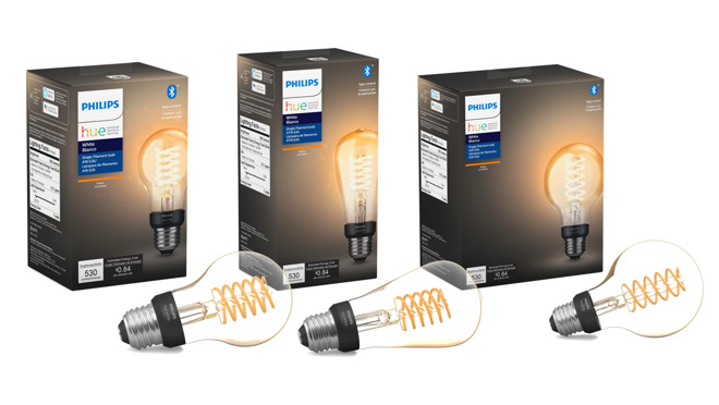 The Philips Hue filament range including bulb, tube, and globe shapes