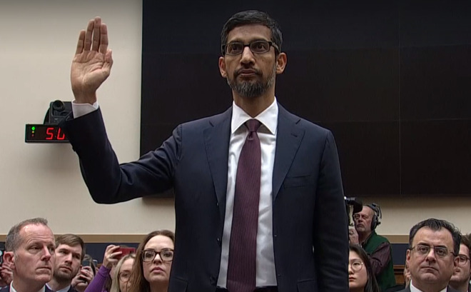 Google CEO Sundar Pichai testifies in front of a U.S. congressional panel in 2018.