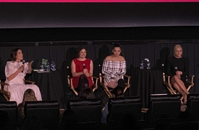 The Dickinson panel: Moderator Hillary Kelly, creator Alena Smith, and actresses Hailee Steinfeld and Jane Krakowski