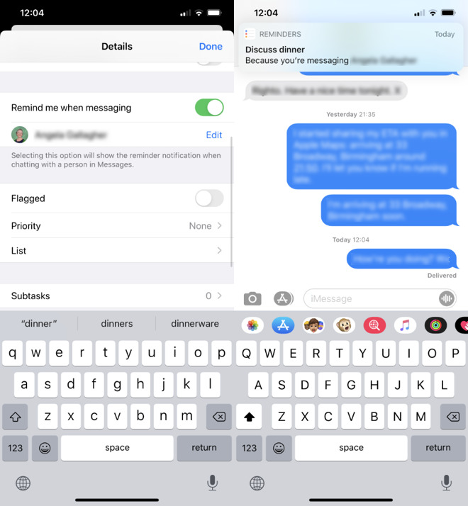 This is so good. Start a Messages conversation with someone, and Reminders will notify you right there if you had planned a task you need to talk to them about.