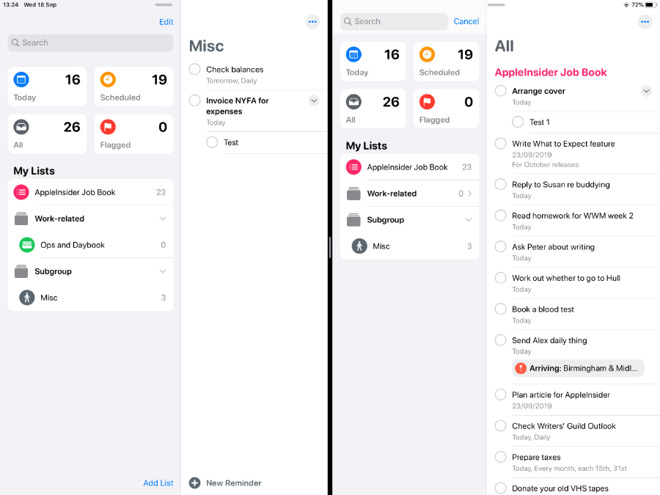 Using iPadOS 13's multiple windows feature to let you have different Reminders lists showing