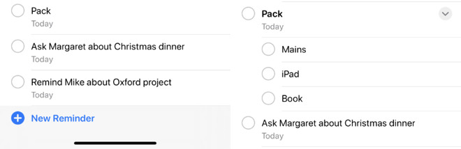 Left: the Today view where there is no way to tell you've go subtasks. Right: a project List view where it's clear.