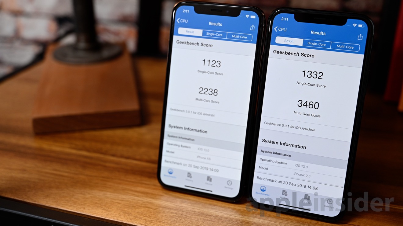 iPhone XS (left) and iPhone 11 Pro (right) Geekbench 5 results