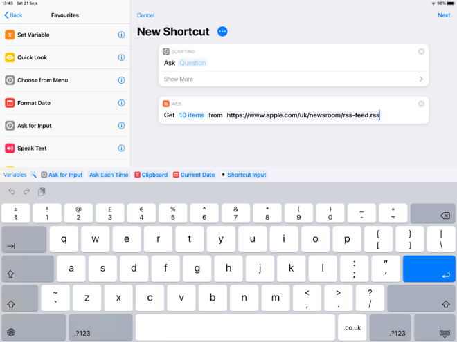 In Shortcuts, you drag actions from the list on the left, into the editor on the right. Aftechmobile calls these