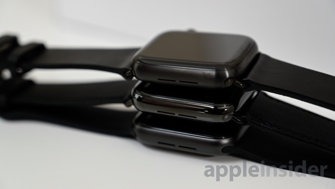 Titanium Apple Watch (top) with the aluminum (center) and stainless steel (bottom)