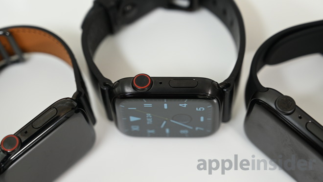 Titanium Apple Watch (center) with the aluminum (right) and stainless steel (left)