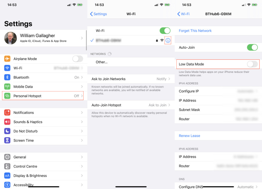 How to set up Low Data Mode on Wi-Fi. You have to do it for each network you use. Separately.