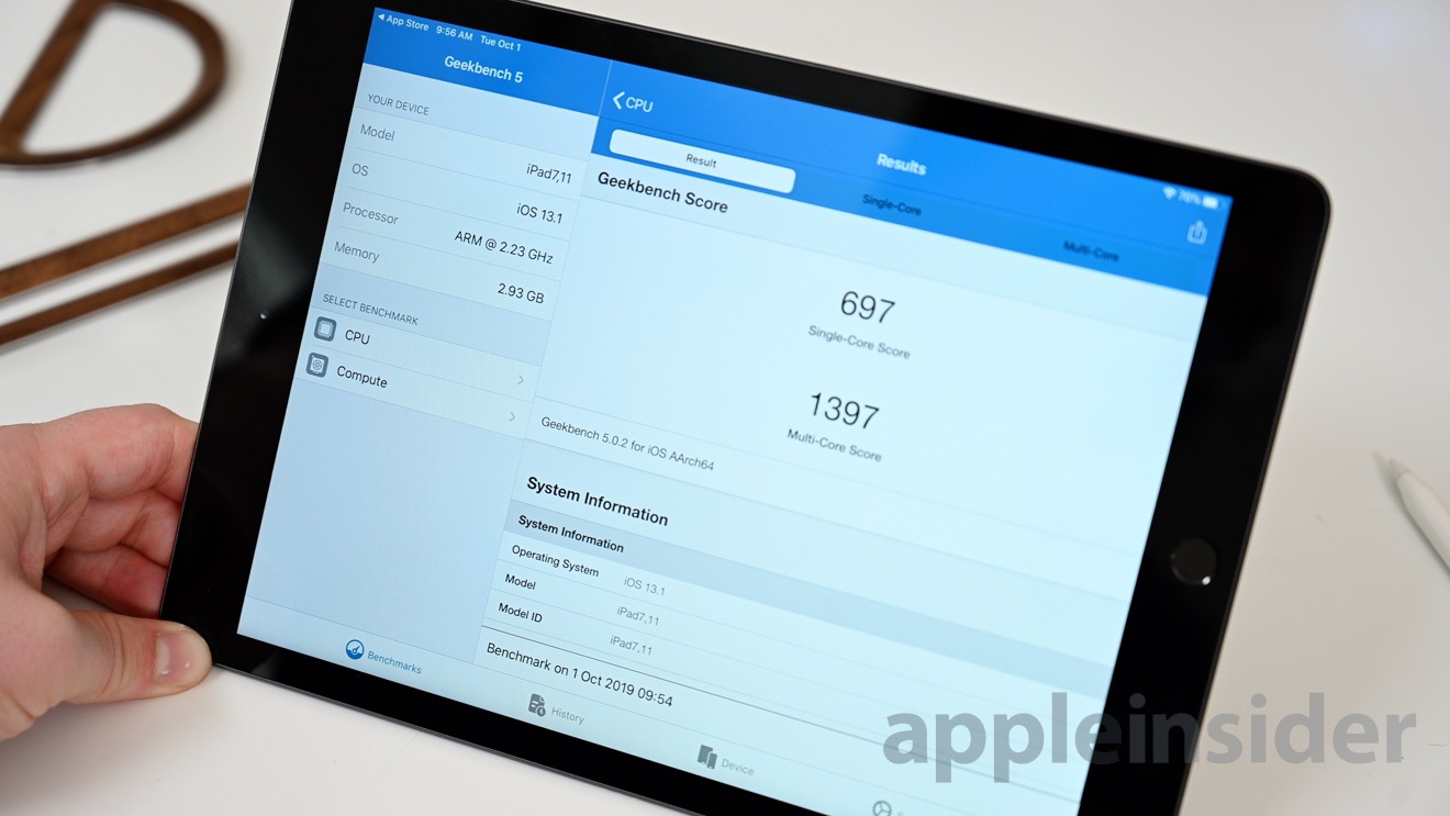 The 7th-gen iPad gets a 697 and 1397 in the Geekbench 5 test