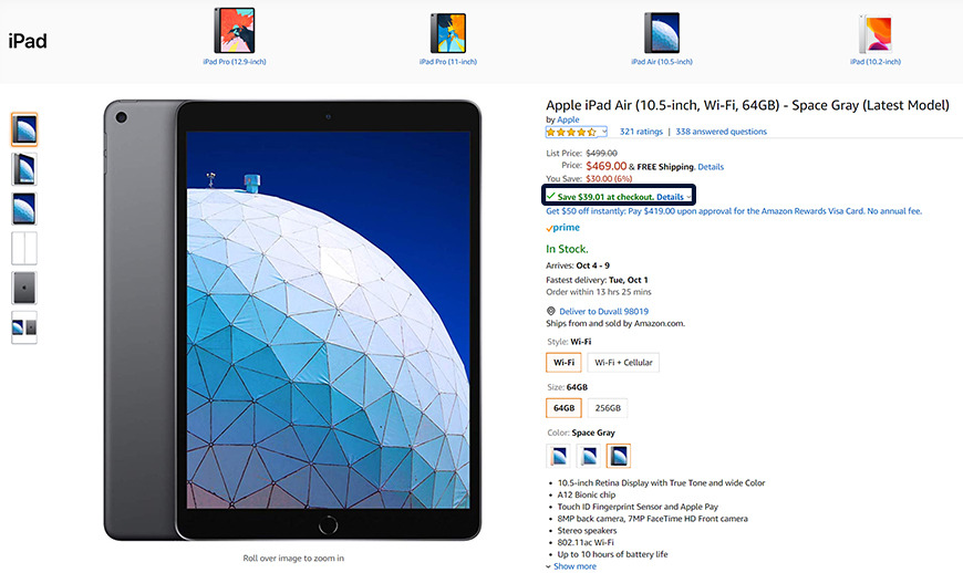 Apple iPad Air savings at Amazon