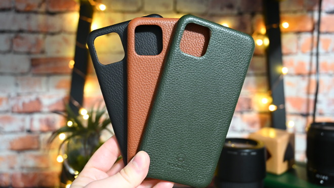 Tan, green, and black colors of the Woolnut iPhone cases