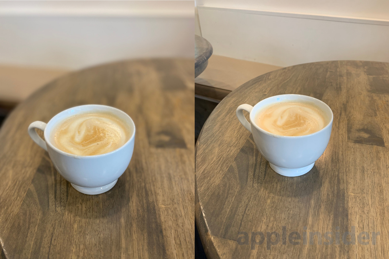 Coffee cup in iPhone 11's Portrait mode (left) and standard mode on iPhone XR (right)