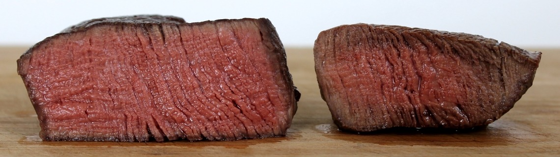 Two same-size steaks cooked sous-vide (left) versus grilled (right)