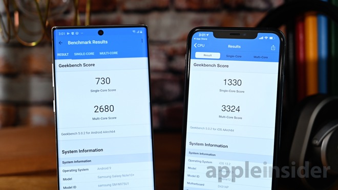 Geekbench 5 results for the iPhone 11 Pro Max (right) and the Galaxy Note 10+ (left)
