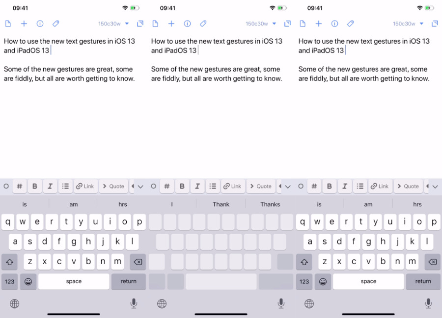 Press and hold on the spacebar to get the trackpad-like display (center) and move your cursor around