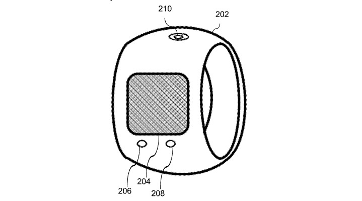 A simplified example of an Apple ring with display, buttons, and haptic feedback points