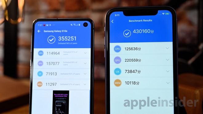 Antutu benchmark results for iPhone 11 and Galaxy S10e