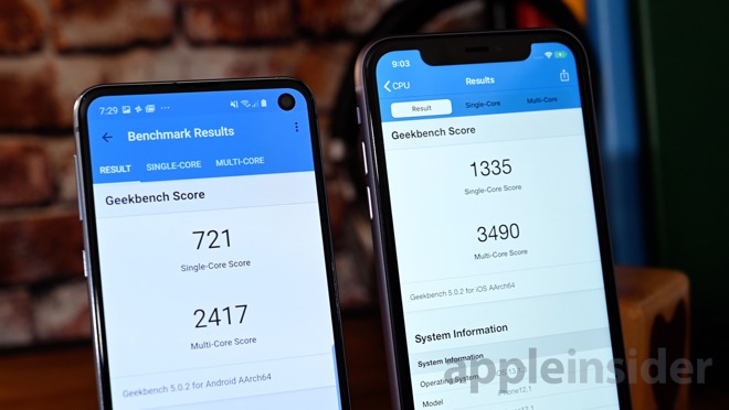 Geekbench 5 benchmark results for iPhone 11 and Galaxy S10e