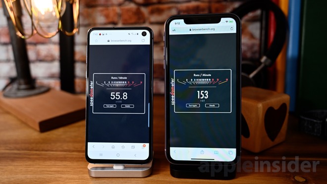 Speedometer browser web app benchmark results on iPhone 11 and Galaxy S10e