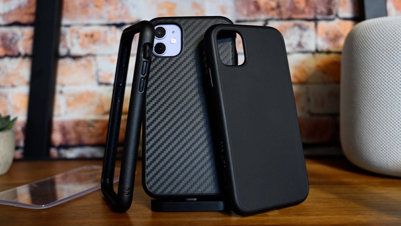 RhinoShield's modular Mod NX modular case (left), Solid Suit in Carbon Fiber (center), and Solid Suit matte (right)