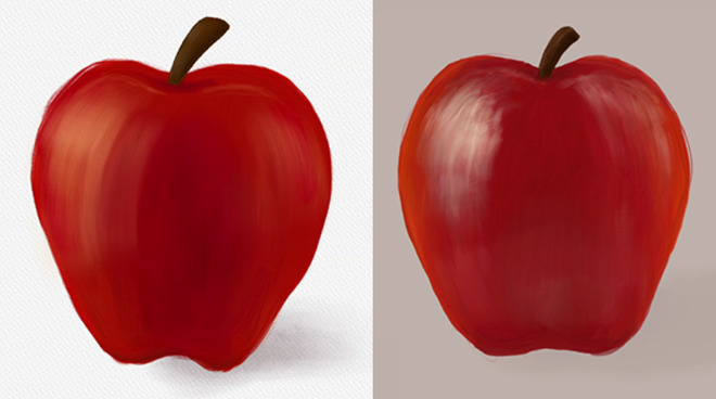An apple painted in Rebelle (left) vs an apple painted in Adobe Fresco (right)